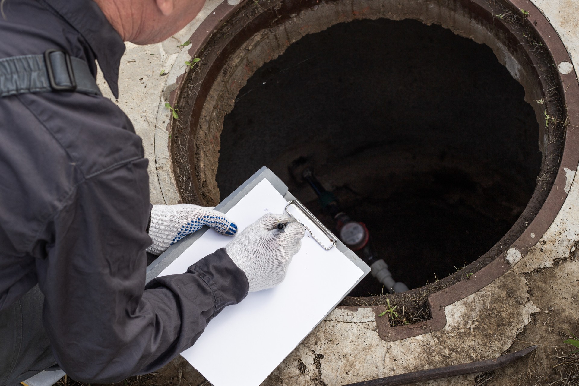 A male plumber near a water well records the measurements taken and the readings of the water meter