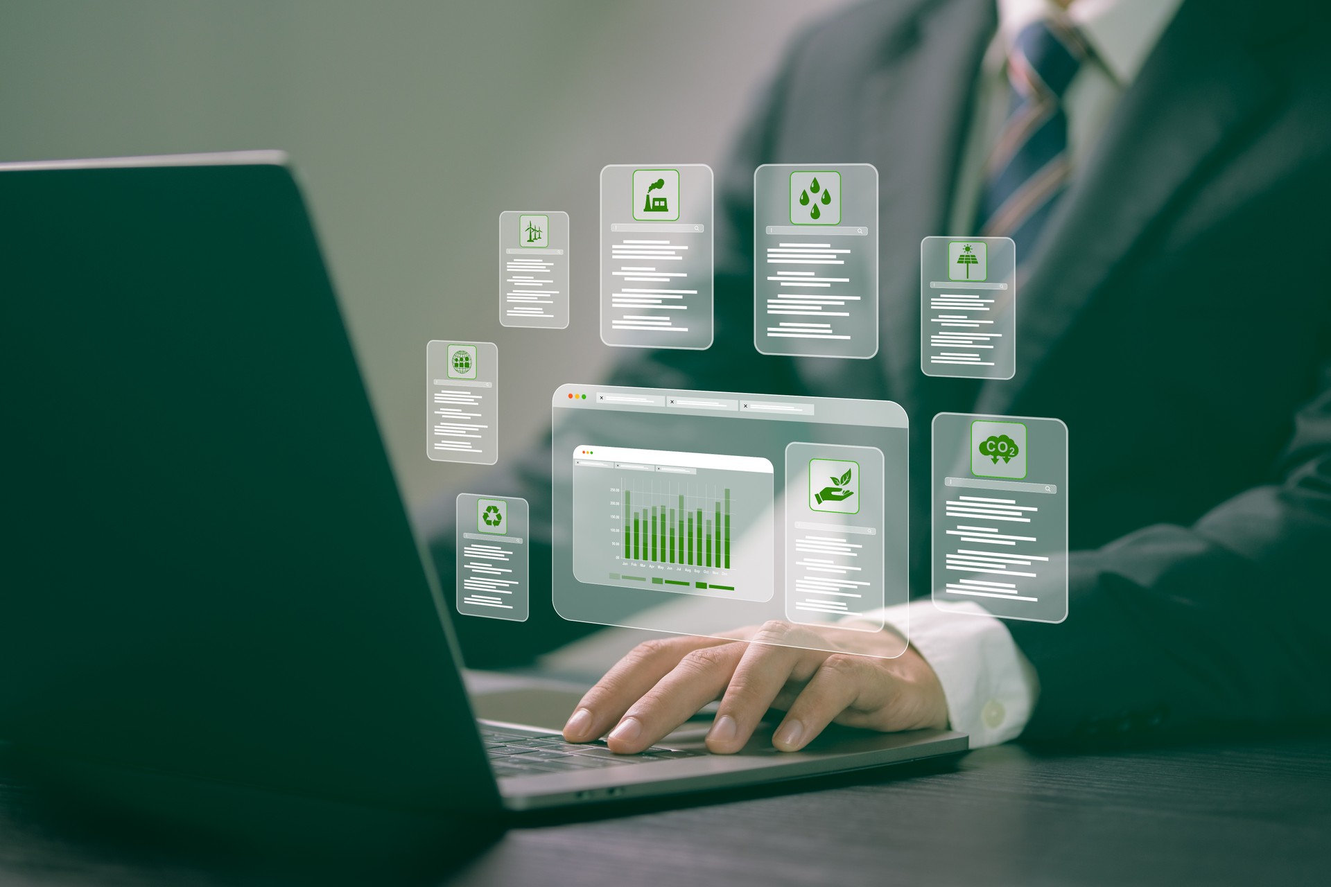 Businessmen use computer networks with modern technology To analyze the global environment Global climate change conditions and analyze investments in the environment