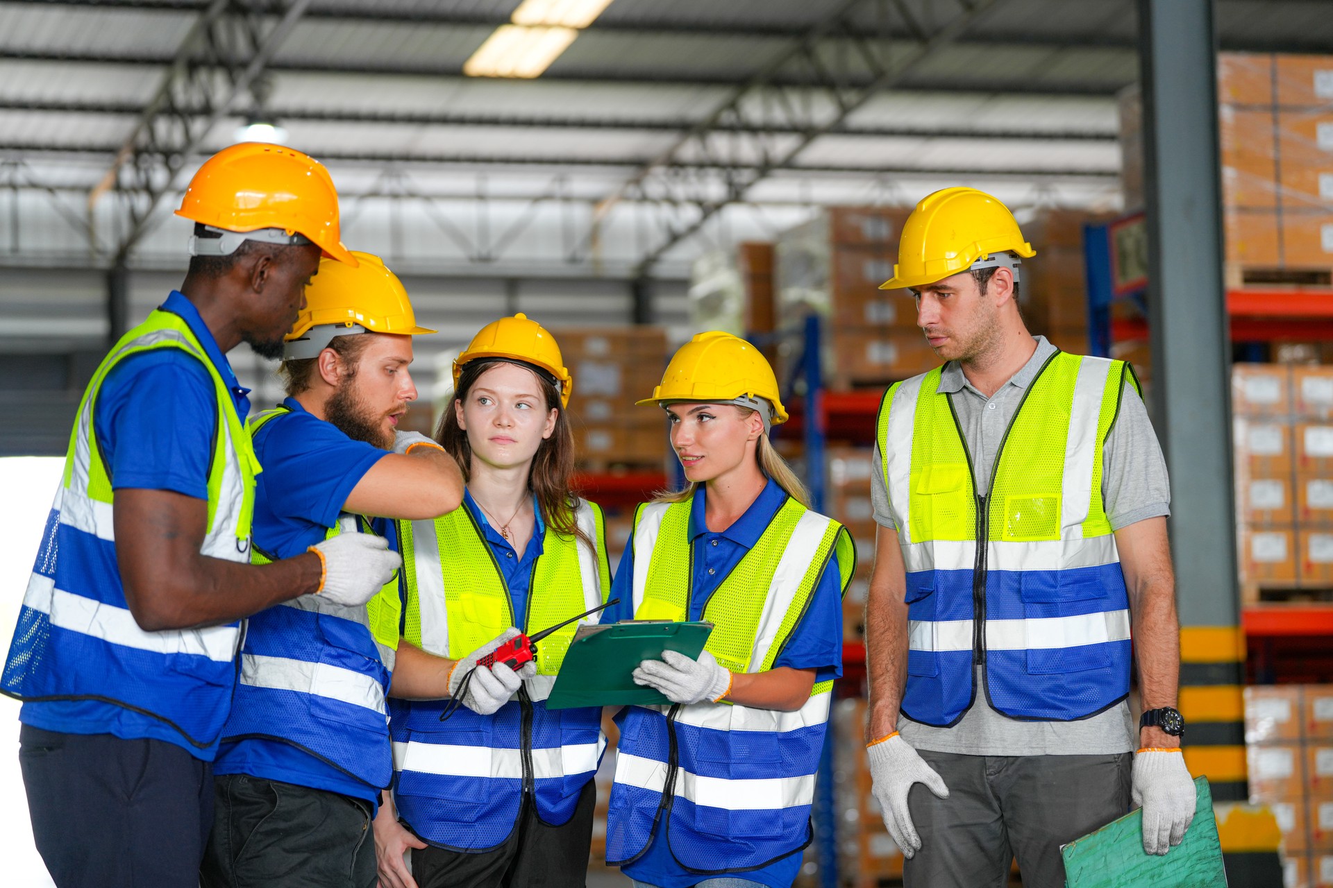 Concept people operation in industrial. team of factory industrial warehouse. Male giving some advice with a smart tablet about drone use. Group of Diversity engineer factory people meeting.