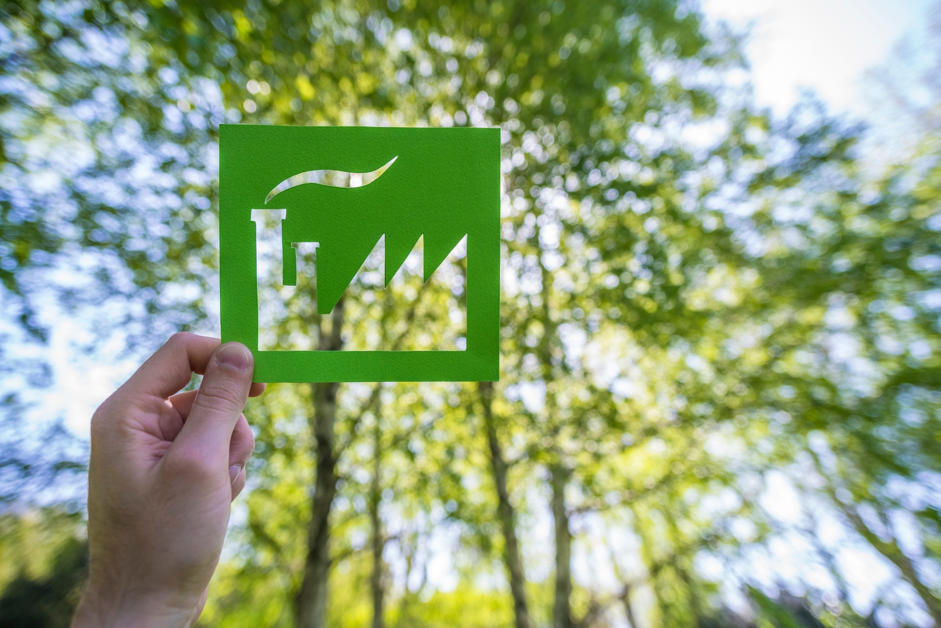 Hand holding a green factory against forest